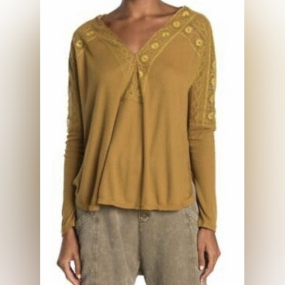 Free People Mustard Lace Detail Women's Top
